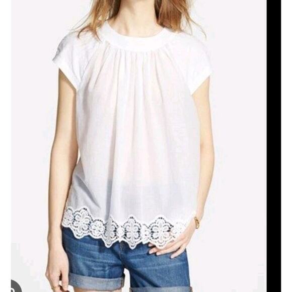 Madewell Tops - Madewell White Lace Hem Blouse Women's Size Xl Cap Sleeves Dainty Cottage Praire